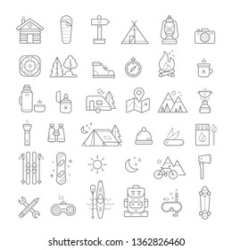 Camping line-art icon pack. Vector illustration.