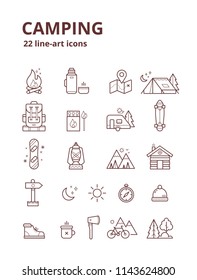 Camping line-art icon set. Vector illustration.