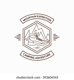 Camping logo badge in outline style. Camping logo illustration. Vector camping badge concept. Mono line camping logo for your camping design. Camping logo isolated background. Camping concept

