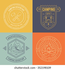 Camping logo badge set in outline style. Camping logo illustration. Vector camping badge concept. Mono line camping logo set for your camping design. Camping logo isolated background. Camping concept
