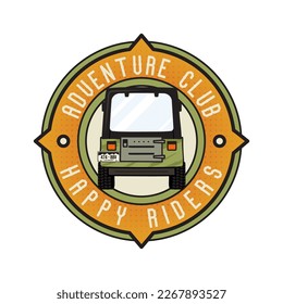 Diseño vectorial de la placa del logo de camping con coche. Insignia de viaje por carretera. Gráficos de insignia de campamento en estilo retro. Viaja con un emblema colorido. Etiqueta vectorial de material.