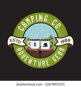 Camping logo badge vector design with coffee enamel mugs and lake. Camp badge graphics in retro style. Travel colorful emblem. Stock vector label.