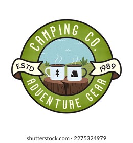 Camping logo badge vector design with coffee enamel mugs and lake. Camp badge graphics in retro style. Travel colorful emblem. Stock vector label isolated