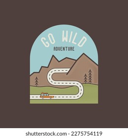 Camping logo badge vector design with mountains and road trip scene. Camp badge graphics in retro style. Travel colorful emblem. Stock vector label isolated on dark background
