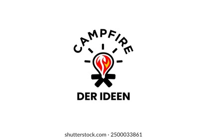 camping logo campfire and lamp light bulb design concept