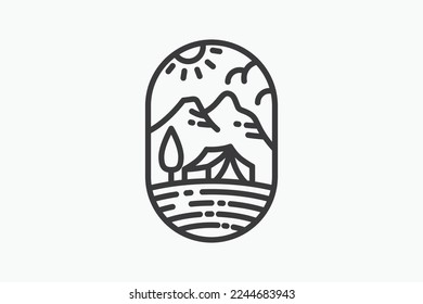 Camping Logo mit einer Kombination aus Zelt, Baum, Bergen und Sonne.