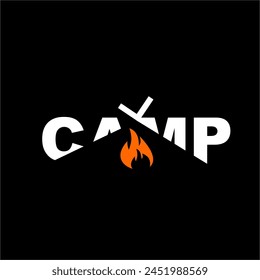 Camping logo design with illustration of fire and camping tent in negative space.