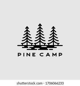 Camping logo design inspiration. Pine coniferous fir conifer cypress spruce cedar larch evergreen tree mono line art vintage retro hipster vector 