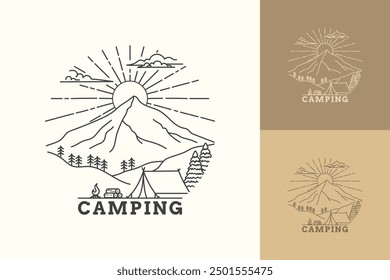 Diseño de logotipo de camping con montaña y árbol estilo monoline