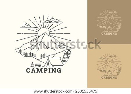 Camping logo design with mountain and tree monoline style