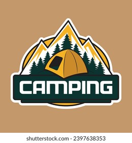 Camping Logo Design with Pine Forest Mountain and Dome Tent