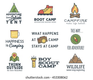 Camping logo design set with typography and travel elements - compass, mountain, tent. With vector adventure sayings and signs. Hiking trail, backpacking symbols. Nice for prints, tee design, apparel.