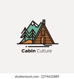 Plantilla de diseño de logotipo de camping, cabina de registro con montañas, ilustración vectorial. Logotipo de viaje al aire libre
