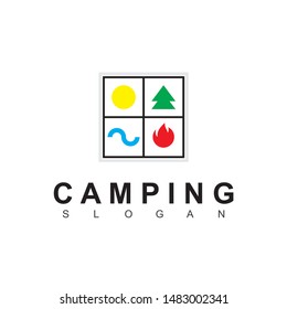 Camping Logo Design Template With Tree, Sun, Fire And Water Symbol