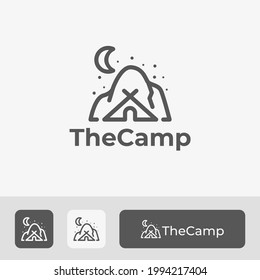 Camping Logo Design With Tent Icon Element Combination, Mountain, and Crescent Moon, Simple Vector Symbol in Line Art Style