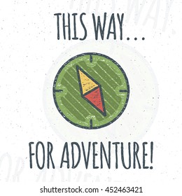 Camping logo design with typography and travel elements - compass. Vector text - this way for adventure. Hiking trail, backpacking symbols in retro flat colors. Nice for prints, tee design, apparel.