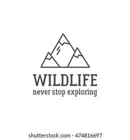 Camping logo design with typography and travel elements - mountain. Vector text - wildlife, never stop exploring. Hiking trail, backpacking symbols, monochrome colors. Nice for prints, tee design.