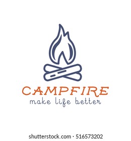 Camping logo design with typography and travel elements - campfire. Vector text - make life better. Hiking trail, backpacking symbols in retro flat colors. Good for prints, tee design, t shirt.