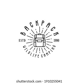 Camping logo emblem with backpack Hipster illustration. Outdoor adventure expedition, backpack and mountains silhouettes shirt, print stamp. Vintage typography badge design