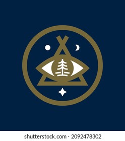 Camping logo emblem concept. Tent sky icon  Pine tree reflexion in the eye. Great outdoors symbol. Forest lover icon sign. Wild woods adventure design. All seeing eye graphic pun