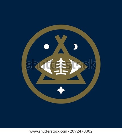 Camping logo emblem concept. Tent sky icon  Pine tree reflexion in the eye. Great outdoors symbol. Forest lover icon sign. Wild woods adventure design. All seeing eye graphic pun