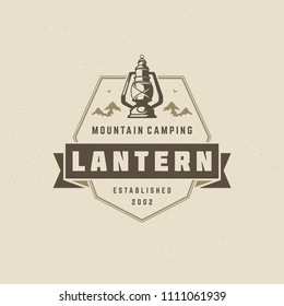 Camping logo emblem vector illustration. Outdoor adventure expedition, lantern and mountains silhouettes shirt, print stamp. Vintage typography badge design.