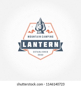 Camping logo emblem vector illustration. Outdoor adventure expedition, lantern and mountains silhouettes shirt, print stamp. Vintage typography badge design.