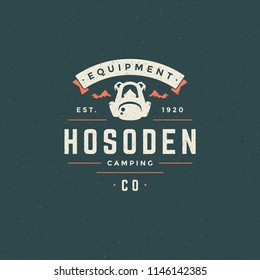 Camping logo emblem vector illustration. Outdoor adventure expedition, backpack and mountains silhouettes shirt, print stamp. Vintage typography badge design.