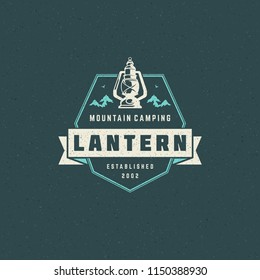 Camping logo emblem vector illustration. Outdoor adventure expedition, lantern and mountains silhouettes shirt, print stamp. Vintage typography badge design.
