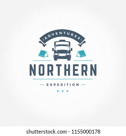 Camping logo emblem vector illustration. Outdoor camper vehicle silhouette for shirt, print stamp. Vintage typography badge design.