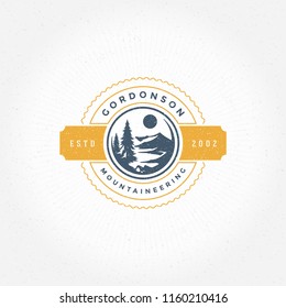 Camping logo emblem vector illustration. Outdoor adventure expedition, pine trees and mountains silhouettes shirt, print stamp. Vintage typography badge design.