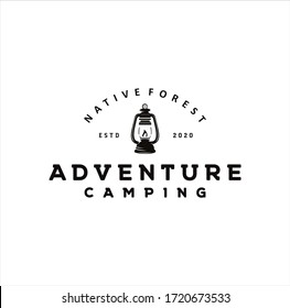 Camping logo emblem vector illustration. Outdoor adventure expedition, lantern and mountain silhouettes Vintage Grunge Retro Hipster, Vintage typography badge desig, print stamp