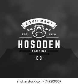 Camping logo emblem vector illustration. Outdoor adventure expedition, backpack and mountains silhouettes shirt, print stamp. Vintage typography badge design.