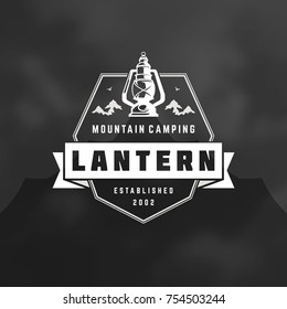 Camping logo emblem vector illustration. Outdoor adventure expedition, lantern and mountains silhouettes shirt, print stamp. Vintage typography badge design.