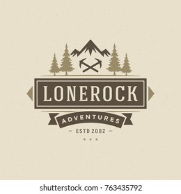 Camping logo emblem vector illustration. Outdoor adventure expedition, pine trees and mountains silhouettes shirt, print stamp. Vintage typography badge design.