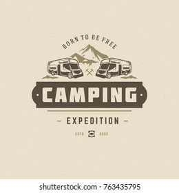 Camping logo emblem vector illustration. Outdoor camper vehicle silhouette for shirt, print stamp. Vintage typography badge design.