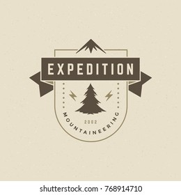Camping logo emblem vector illustration. Outdoor adventure expedition, pine tree and mountains silhouettes shirt, print stamp. Vintage typography badge design.