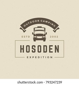 Camping logo emblem vector illustration. Outdoor camper vehicle silhouette for shirt, print stamp. Vintage typography badge design.
