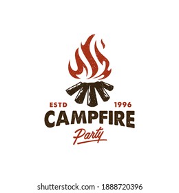 camping logo, hot campfire logs on hand drawn stamp effect vector illustration. Vintage grunge texture for party poster and banner