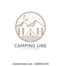 Camping logo or illustration in line style, tent and mountain at night vector design template