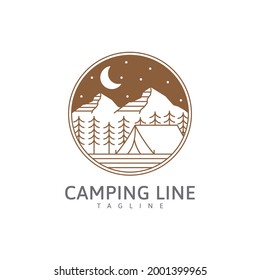 Camping logo or illustration in line style, tent and mountain at night vector design template