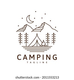 Camping Logo Or Illustration Monoline Or Line Art Style, Tent, Mountain, Camp Fire At Night Vector Design