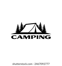 Camping-Logo mit Illustration von Zelt und Kiefern