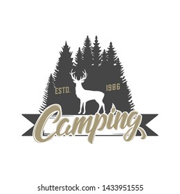 Camping logo isolated on white. Vintage design. Vector illustration.