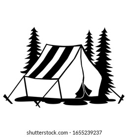 Ein Campinglogo einzeln auf weißem Hintergrund. Konzept für Aktivitäten im Freien, Abenteuer, Wandern und so weiter.