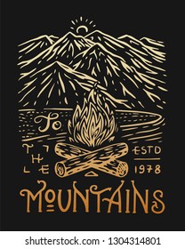 Camping logo and label. Mountains and pine trees. Trip in the forest, outdoor and adventure. Colored badge on the chalkboard. Hand drawn vintage pin.