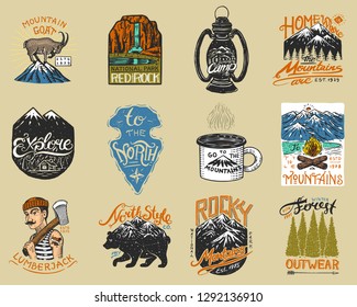 Camping logo and labels. Mountains and lumberjack, brown bear, mountain goat, pine trees. Trip in the forest, outdoor, adventure is waiting. Colored badges on the chalkboard. Hand drawn vintage pins.