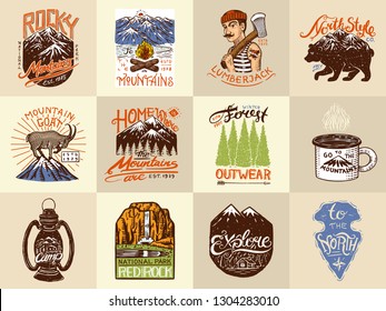 Camping logo and labels. Mountains and lumberjack, brown bear and goat, pine trees. Trip in the forest, outdoor, adventure is waiting. Colored badges on the chalkboard. Hand drawn vintage pins.