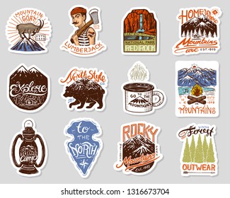 Camping logo and labels. Mountains and lumberjack, brown bear and goat, pine trees. Trip in the forest, outdoor, adventure is waiting. Colored badges on the chalkboard. Hand drawn vintage pins.