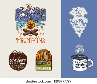 Camping logo and labels. Mountains and pine trees. Trip in the forest, outdoor, adventure is waiting. Colored badges on the chalkboard. Hand drawn vintage pins.